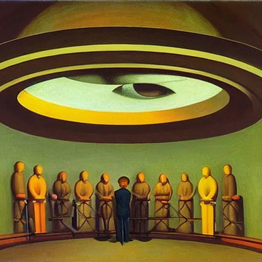 Image similar to scientists inspecting a giant mechanical eye in a dome - shaped control center, grant wood, pj crook, edward hopper, oil on canvas