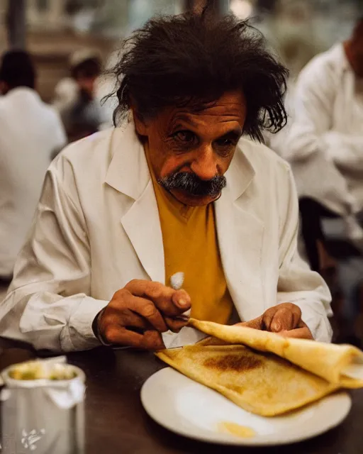 Prompt: A photo of Albert Einstein eating Dosa, highly detailed, trending on artstation, bokeh, 90mm, f/1.4