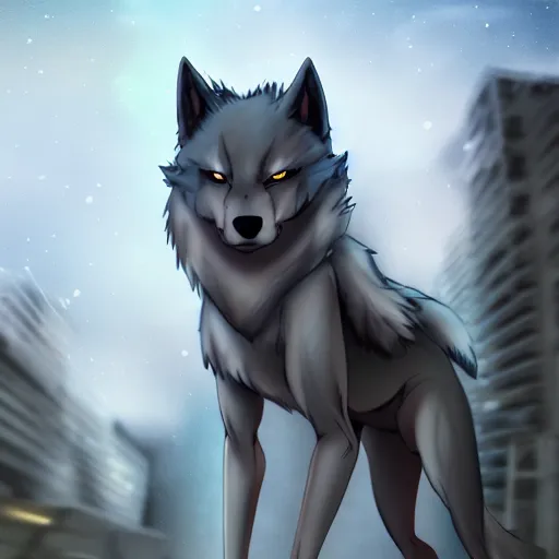 Image similar to muscular anthro wolf, anime, casualwear, grey fur, city night background, field of depth, bokeh, award-winning digital art