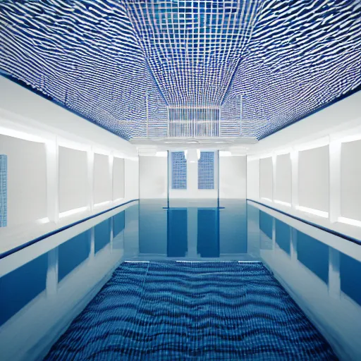 Image similar to a very large empty pool, liminal space, white and blue ceramic tile ceiling, symmetrical centered view, octane render, sharp focus, very coherent