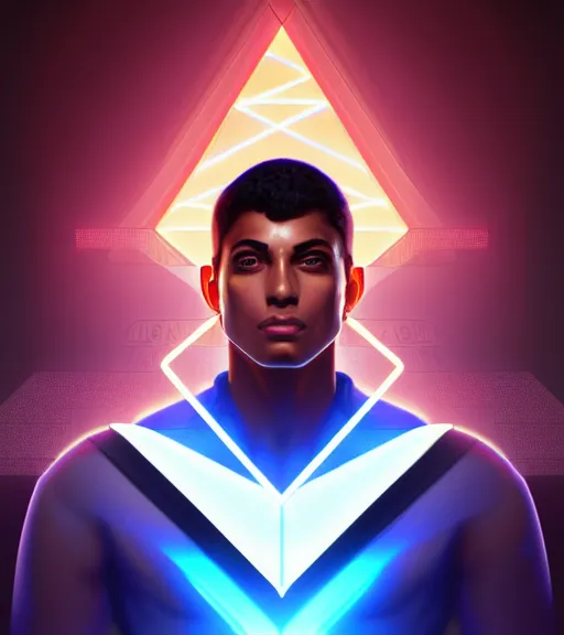 Image similar to symmetry!! egyptian prince of technology, solid cube of light, hard edges, product render retro - futuristic poster scifi, lasers and neon circuits, brown skin man egyptian prince, intricate, elegant, highly detailed, digital painting, artstation, concept art, smooth, sharp focus, illustration, dreamlike, art by artgerm