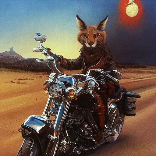 Image similar to a detailed painting of a cute caracal riding a harley davidson motorcycle. movie scene, cinematic scene, sunset, road. by beksinski and carl spitzweg and tuomas korpi. baroque elements. baroque element. intricate artwork by caravaggio. oil painting. award winning. trending on artstation. 8 k