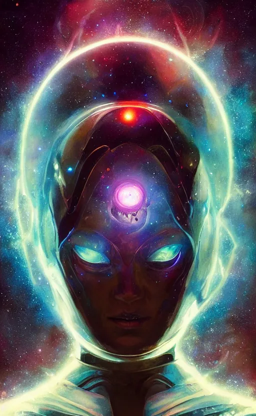 Prompt: portrait of a cosmic entity, abstract, glowing eyes, smooth body and sci fi suit made out of stars and galaxy and star dust and nebula, headshot, highly detailed, digital painting, artstation, concept art, sharp focus, cinematic lighting, illustration, art by artgerm and greg rutkowski, alphonse mucha, cgsociety