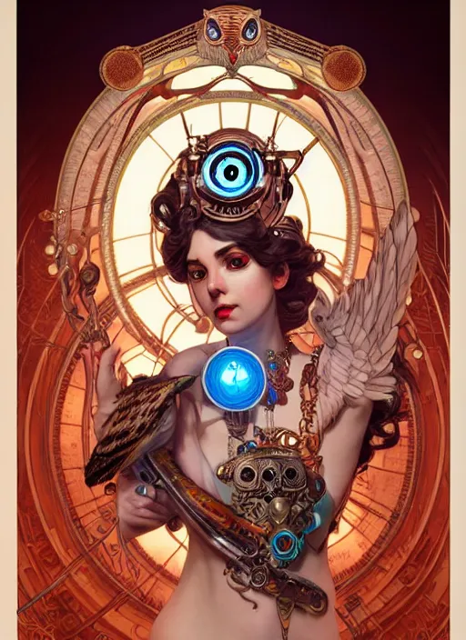 Prompt: the goddess artemis smirking with mechanical owl perched on her shoulder, steampunk, glowing eyes, volumetric lights, red and cyan theme, art nouveau botanicals, intricate, highly detailed, digital painting, artstation, concept art, smooth, sharp focus, cinematic, illustration, beautiful face, art by artgerm and greg rutkowski and alphonse mucha