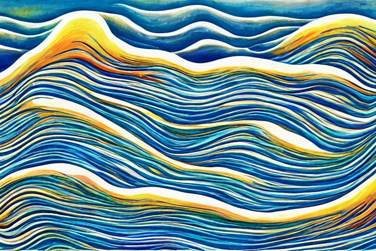 Image similar to A wild, insane, modernist landscape painting. Wild energy patterns rippling in all directions. Curves, organic, zig-zags. Mountains. Clouds. Rushing water. Waves. LSD. DMT