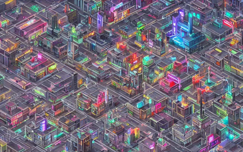 Prompt: a city square in a typical cyberpunk town, isometric aerial view, futuristic, high rise, buildings, neon signs, illustration, very detailed, award winning, artstation, artgem