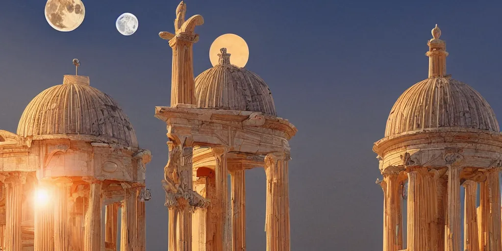 Image similar to human futuristic city, highly detailed,, beautiful architecture greek style, si - fi, golden hour light, two moon on the sky, 8 k, sharp focus, cinematic