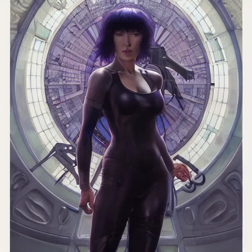 Image similar to Major Kusanagi from Ghost in the Shell drawn by Donato Giancola and Tom Bagshaw, face by Artgerm and Edmund Leighton, Alphonse Mucha, background by James Jean and Gustav Klimt, 4k, porcelain skin, komorebi, french nouveau, trending on artstation, octane render, hyperrealistic