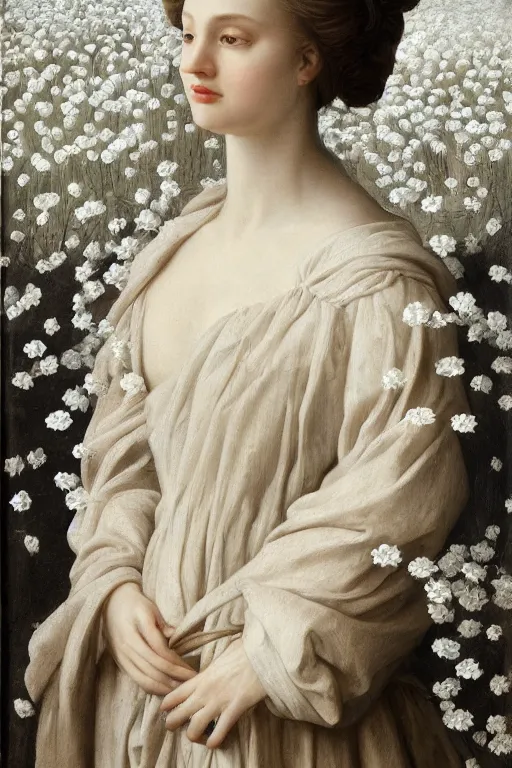 Prompt: hyperrealism close - up portrait of thousands white flowers merged with with medieval female, dark palette, pale skin, wearing dark silk robe, in style of classicism