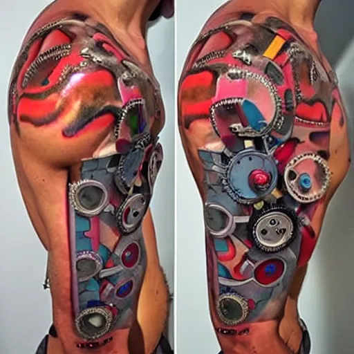 Prompt: shoulder backside bottom glute maximus with tattoo of a 3 d hole in the skin with a shiny multicolored metallic robotic mechanics and gears and tubes inside under the skin, insanely integrate,