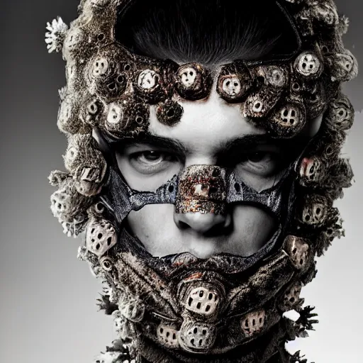 Prompt: a portrait of a beautiful young male wearing an alexander mcqueen armor made of virus , photographed by andrew thomas huang, artistic
