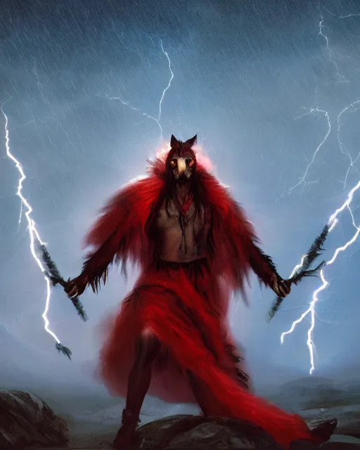 Image similar to oil painting of Anthropomorphized Wolf Shaman holding long magical lightning staff, wearing red fur cloak, sharp focus, lightning storm background, magical aura, heroic pose, fantasy style, octane render, volumetric lighting, 8k high definition, by greg rutkowski, highly detailed, trending on art Station, magic the gathering artwork, Lightning storm background, centered, dramatic artwork