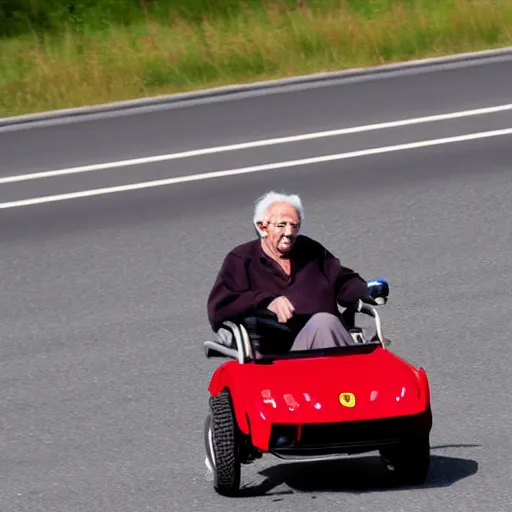 Image similar to old mad man on a red motorized wheelchair with the ferrari logo, highway, action shot