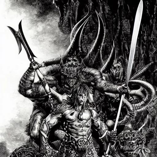 Image similar to arnold swarchenegger with giant sword fights ugly demon, dark fantasy art by kentaro miura, gustave dore, jean giraud, philippe druillet