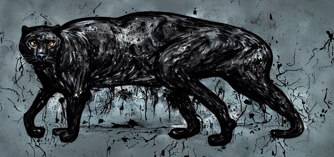 Image similar to a panther, made of tar, in a suburban backyard, sticky, full of tar, covered with tar, dripping tar, dripping tar, splattered tar, sticky tar. concept art, reflections, black goo, animal drawing