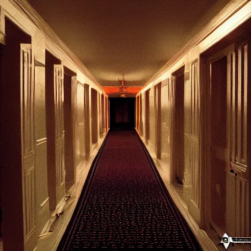 Image similar to dolly zoom stretch shot of a impossibly long hallway at the overlook hotel from the movie the shining, moody lighting, smoke effects, strobe lights, particle effects, atmospheric, in the style of stanley kubrick - h 6 4 0