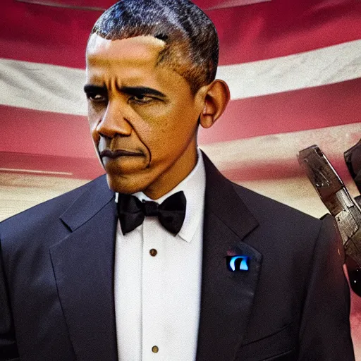 Image similar to film still of Obama as Hawkeye in Marvel’s Avengers