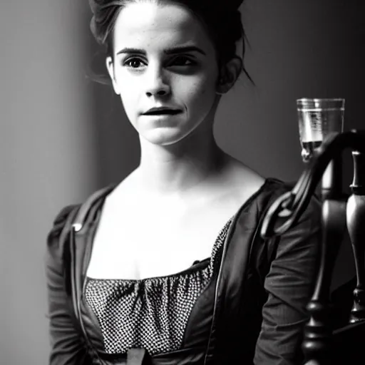 Image similar to emma watson 1 8 0 0 s saloon, black - and - white photo,