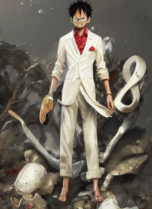 Image similar to a professional render of luffy wearing a white suit, concept art, sharp detail, smooth render, art style by Ruan Jia and Mandy Jurgens and Ian Spriggs and William-Adolphe Bouguerea