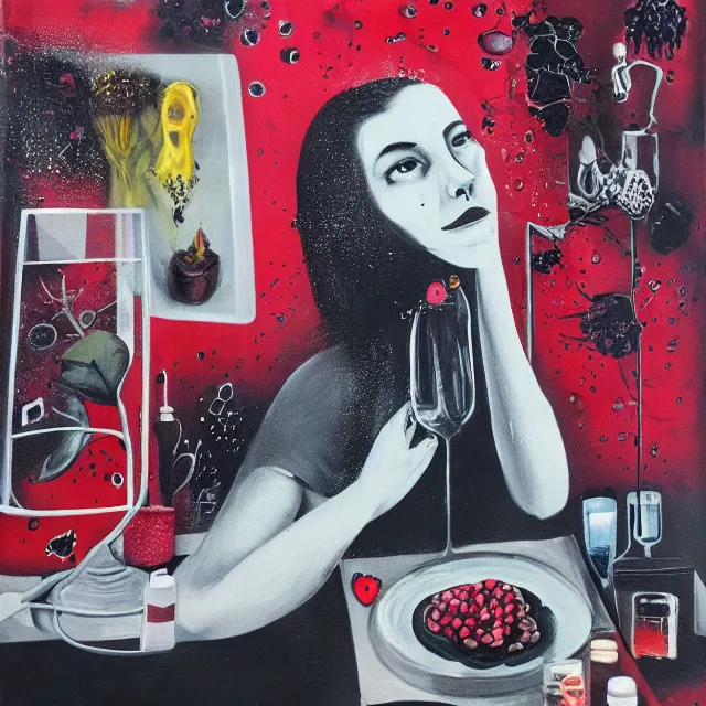 Prompt: apartment with black walls, portrait of a female pathologist, heart, brain, berries dripping juice, pomegranate, sensual, seaweed, berries, starfish, scientific glassware, neo - expressionism, surrealism, acrylic and spray paint and oilstick on canvas