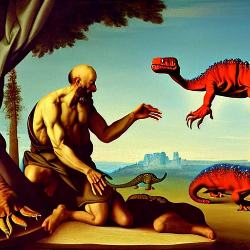 Image similar to the painting Creation of Adam with two dinosaurs instead of two people