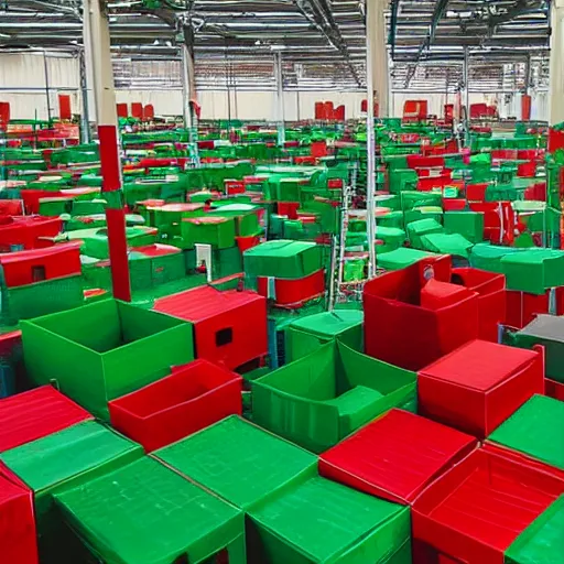 Prompt: a picture of a warehouse full of boxes with green patches on the top and red patches on the sides