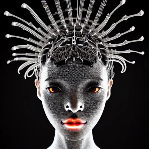 Image similar to half body portrait of an absurdly beautiful, graceful, sophisticated, fashionable asian cyberpunk mechanoid gravure idol, hyperdetailed illustration by irakli nadar, maria borges, matt wisniewski style, intricate linework, dark black skin, neon jellyfish headdress, carved bone ruff, unreal engine 5 highly rendered, global illumination, radiant light, detailed and intricate environment