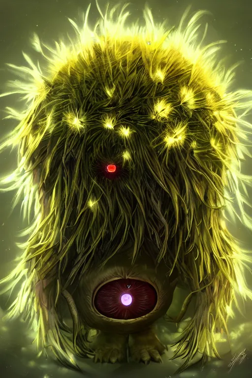 Image similar to a humanoid figure dandelion monster with bulbous glowing eyes, highly detailed, digital art, sharp focus, trending on art station, artichoke, anime art style