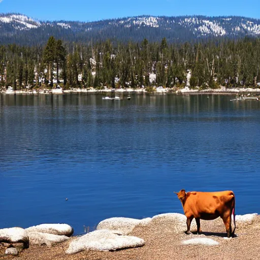 Prompt: a photo of a cow at lake tahoe