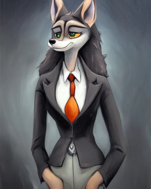 Image similar to dark oil painting of anthromorphic female wolf, in style of zootopia, zootopia, zootopia, fursona, furry, furaffinity, 4 k, deviantart, furry art, fursona art, wearing black business suit, business suit, in style of zootopia, wolf fursona, cyberpunk, female, very very very expressive detailed feminine face,