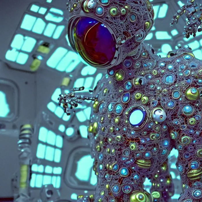 Image similar to a cybernetic symbiosis of a single astronaut mech-organic eva suit made of pearlescent wearing knitted shiny ceramic multi colored yarn thread infected with diamond 3d fractal lace iridescent bubble 3d skin dotted covered with orb stalks of insectoid compound eye camera lenses floats through the living room, film still from the movie directed by Denis Villeneuve with art direction by Salvador Dalí, wide lens,kevlar,carbon fiber,ceramics,gaseous materials,