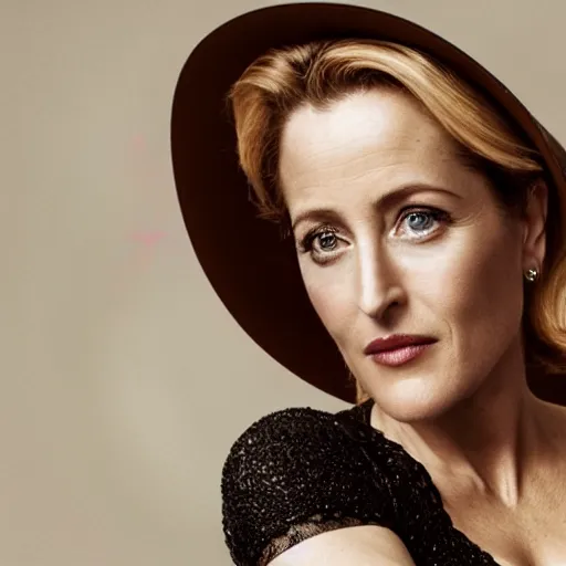 Image similar to photo of a gorgeous Gillian Anderson wearing a 2020s hat by Mario Testino, detailed, head shot, award winning, Sony a7R