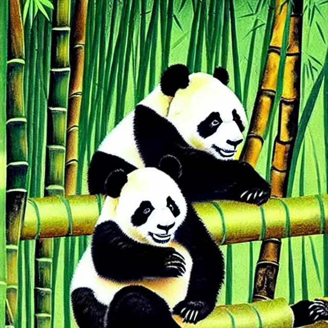 Image similar to a beautiful painting two pandas in the bamboo forest, by zhang daqian painting