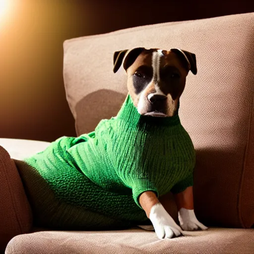 Image similar to American Staffordshire terrier wearing a green sweater, sitting on a sofa, 8k