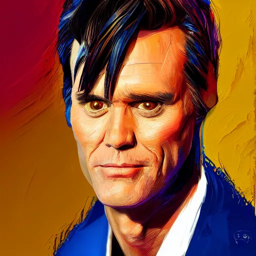 Image similar to portrait of Jim Carrey by viktor miller-gausa, abstract brush strokes, beautiful lighting, 4k digital art, illustration, trending on artstation