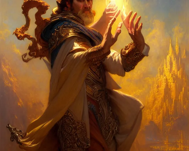 Image similar to attractive wizard man, casting light magic, summoning a handsome deity. highly detailed painting by gaston bussiere, craig mullins, j. c. leyendecker 8 k