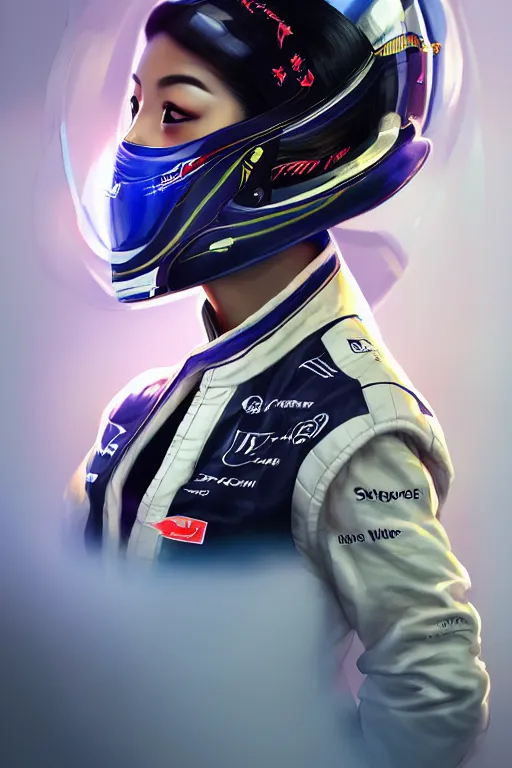 Image similar to portrait beautiful asian female formula one racer, wearing formula one racer uniform, at formula one racing car repair room, ssci-fi, fantasy, intricate, very very beautiful, elegant, human anatomy, neon light, highly detailed, digital painting, artstation, concept art, soft light, smooth, sharp focus, illustration, art by tian zi and WLOP and alphonse mucha