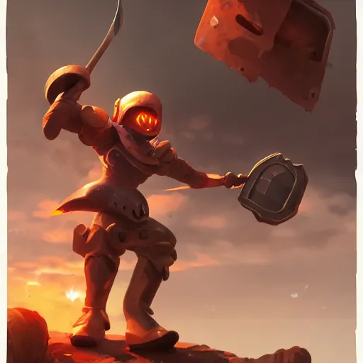 Image similar to battle toast, a slice of toasted bread with a face, arms and legs, holding a sword and shield, volumetric lighting, dynamic composition, fantasy, hyper detailed, ultra realistic, sharp focus, octane render, concept art by sachin teng and sergey kolesov and ruan jia and heng z