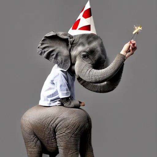 Image similar to “ an elephant wearing a birthday hat and a tutu, on a unicycle, photorealism ”