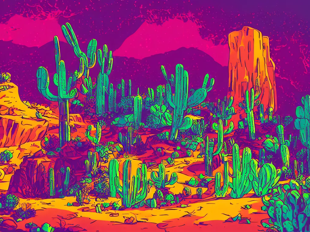 Prompt: vector illustration!!!! duotone!! desert rave inside of cactus cave!!!!!! cinematic composition!! poster design!