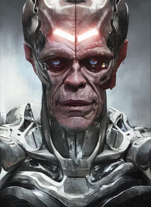 Image similar to portrait of willem dafoe as victor stone, cyborg, borg, strogg, face of a man, terminator, flesh, quake strogg, doom demon, wolfenstein, monstrous, symmetry, symmetrical, concept art by ruan jia and greg rutkowski