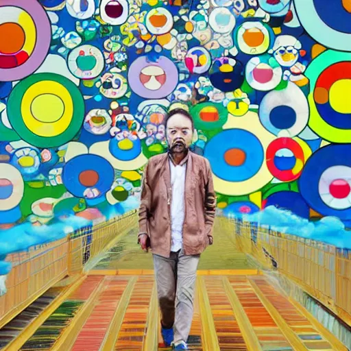 Image similar to a man walking on clouds away from the camera above kyoto by takashi murakami, beeple and james jean, aya takano color style, 4 k, super detailed, modern, 4 k, symmetrical