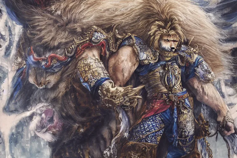 Prompt: 8k Yoshitaka Amano painting of upper body of a young cool looking lion beast-man with white mane at a medieval market at windy day. Depth of field. He is wearing complex fantasy bohemian clothing. He has huge paws. Renaissance style lighting.