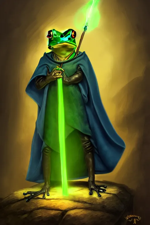 Image similar to frog mage in a cloak with a magic wand, in hogwarts, high details, volume light, best composition, 4 k