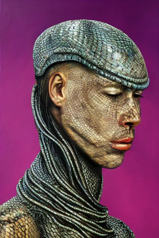 Prompt: hyperrealism oil painting, close - up portrait of face from a tangle of snakes fashion model, knight, steel gradient mixed with nebula sky, in style of baroque