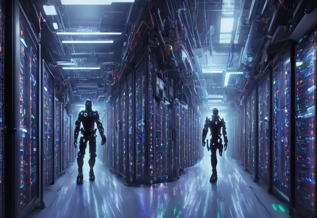 Prompt: shot of film cyborg walking in detailed server room in data center, character design, vivid color, complementary color, detailed, high quality, correct composision, correct perspective, trending on artstation, volumetric lighting, dramatic lighting by yoichi hatakenaka, cyberpunk art by asher brown durand