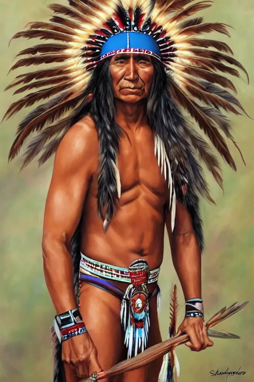 Prompt: thin native American Indian man in his early 30s, by Steve Henderson, Sandra Chevrier, Alex Horley