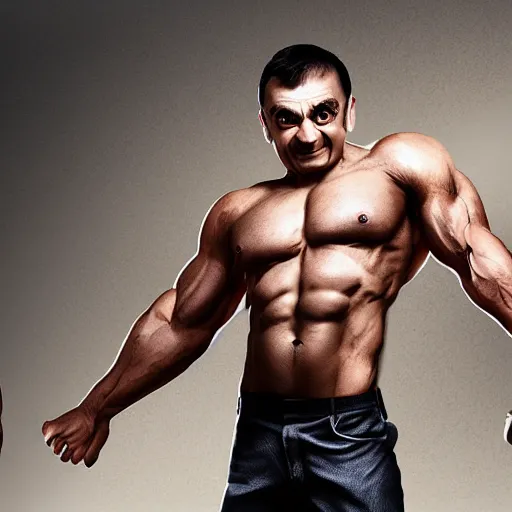 Image similar to Mr. Bean as an overly muscular, testosterone filled, crazy-eyed bodybuilder chad, fullbody, fashion photo, unreal engine