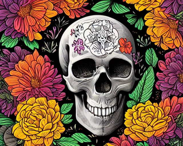 Prompt: An illustration of a skull with flowers inside it, lush, rich, digital art, illustrated by Dan Mumford