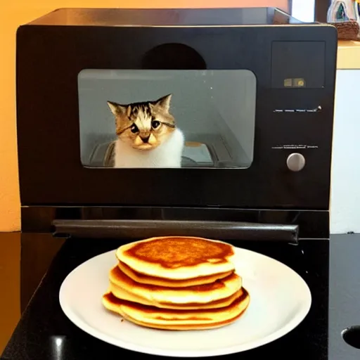 Prompt: a really cute cat eating pancakes on a microwave, photograph